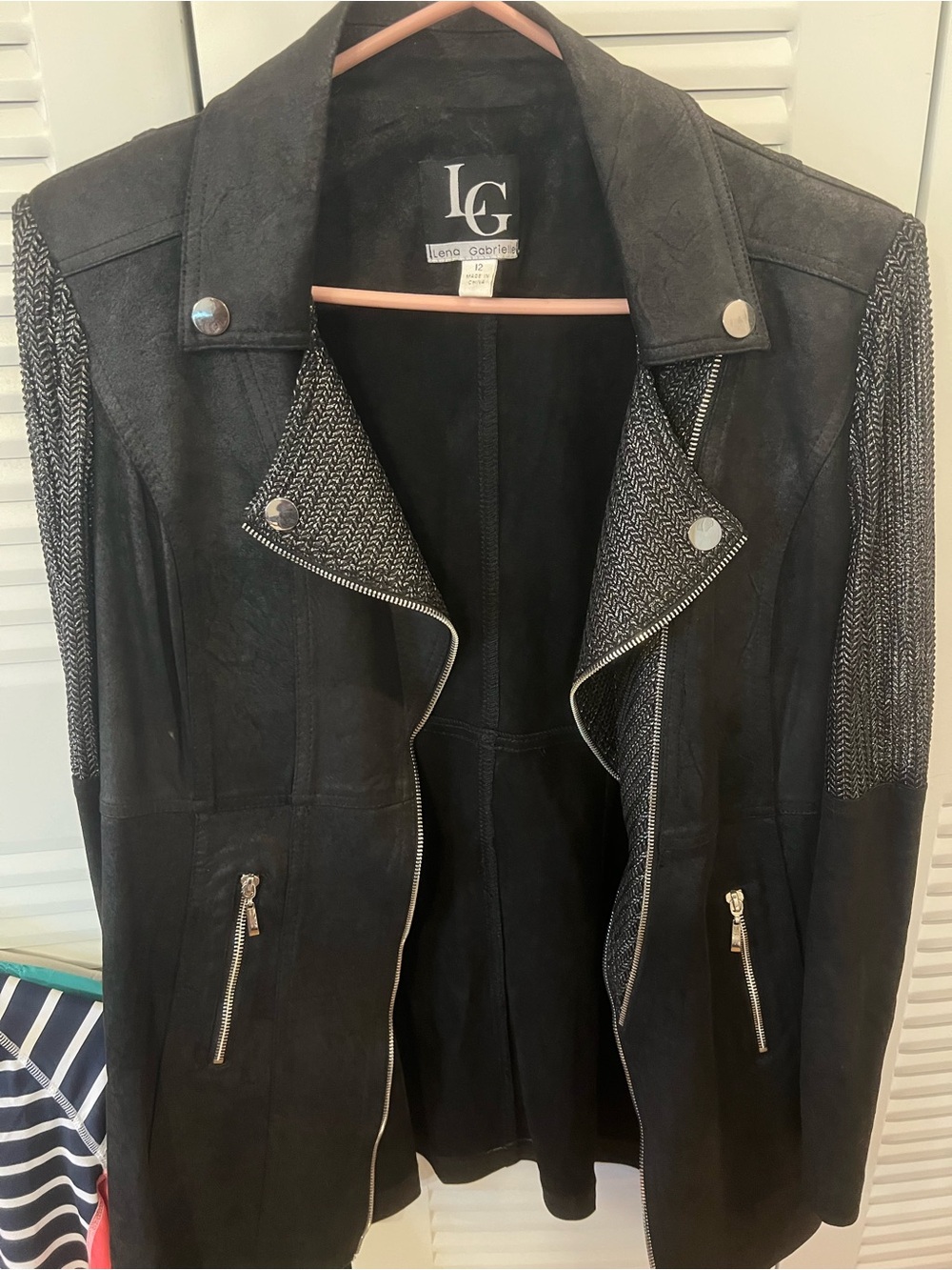 Lena Gabrielle black faux suede mixed-media biker jacket/blazer size 12